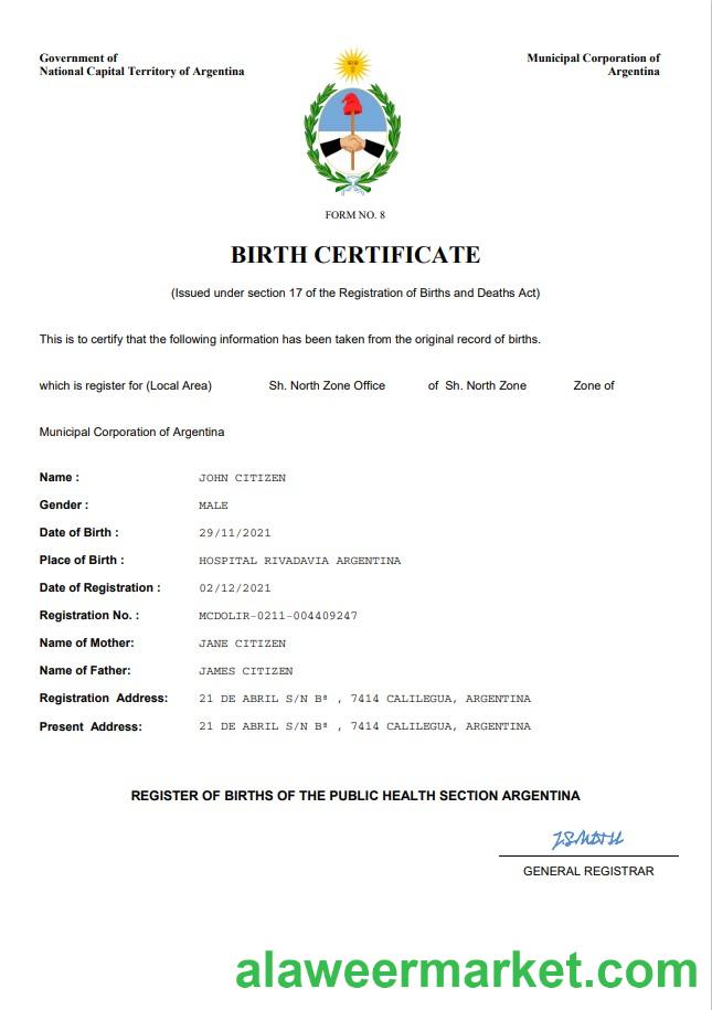 Argentina birth certificate Word and PDF template